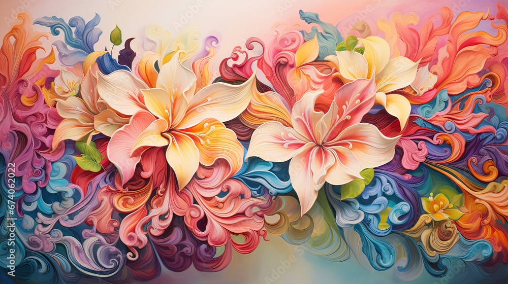 Abstract swirls of vibrant floral blossoms enveloping a dreamy, botanical vortex  Ai Generative
