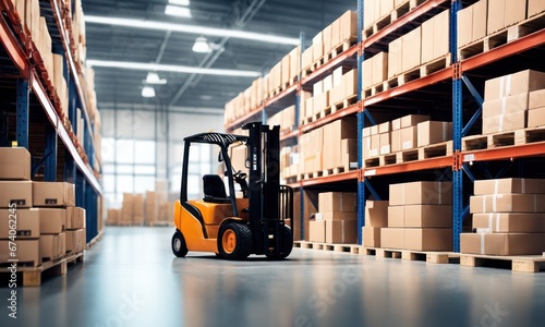 Warehouse inventory product stock for logistic background, Long shelves with a variety of boxes. Retail store full of goods in cartons with pallets and forklifts. Transportation distribution center © useful pictures