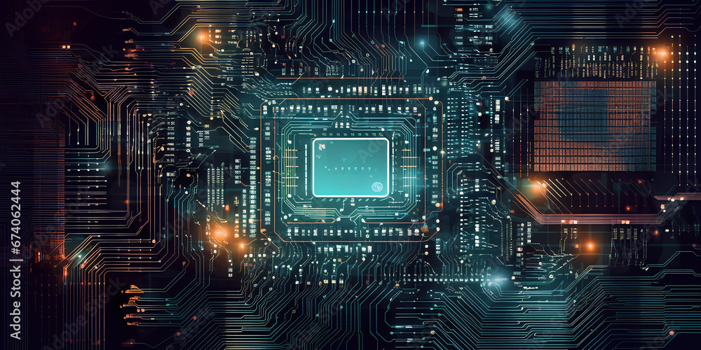 Naklejka premium Cyber technology background. Computer circuit mainboard with microchip. Flat lay.