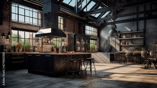 an industrial-style kitchen with exposed brick walls and stainless steel appliances and a large kitchen island 