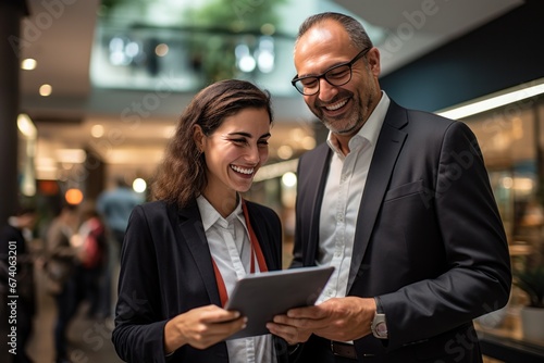 two business people are looking at a tablet.