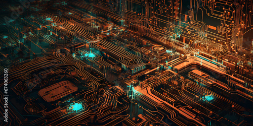Computer circuit mainboard with microchip. Technical cyber background in teal and orange