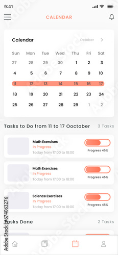 Calendar Kids Task Tracking, Math, Art and Science Exercises, Child Chores and Tasks App UI kit Template