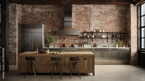 an industrial-style kitchen with exposed brick walls and stainless steel appliances and a large kitchen island 