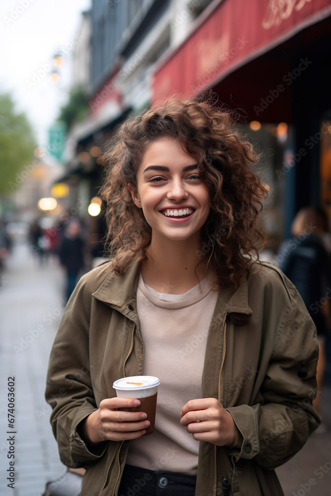 Smiling Young Woman Enjoying Coffee Outdoors at a Street Cafe Smiling Young Woman Enjoying Coffee Outdoors at a Street Cafe