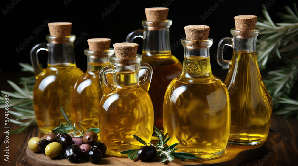 Assortment of Olive Oil in Glass Bottles with Herbs Assortment of Olive Oil in Glass Bottles with Herbs