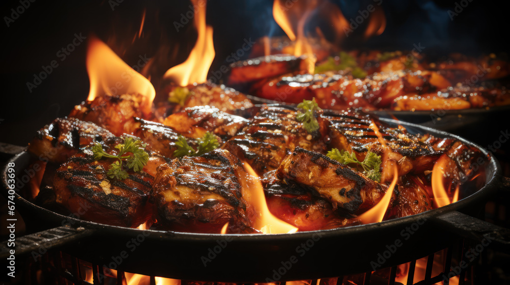 Grilled Chicken on Barbecue with Flames