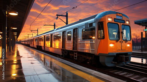 Commuter Train at Station During Vibrant Sunset