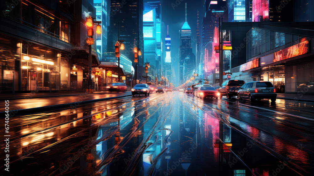 Neon-Lit Street in the City at Night After Rain