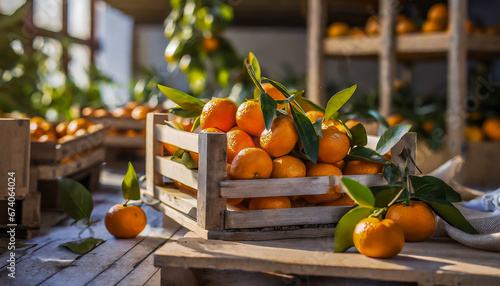 Organically produced and harvested vegetables and fruits from the farm. Fresh tangerines in wooden crates and sacks. Stored and displayed in the warehouse