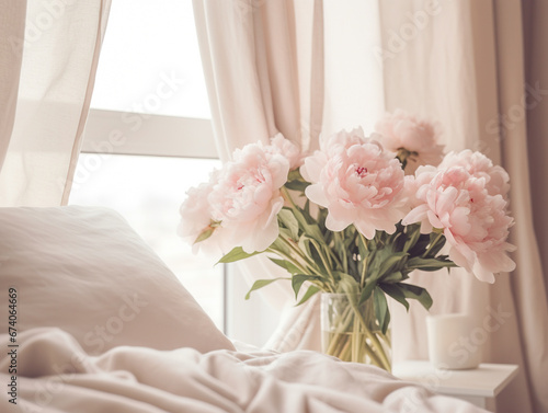 Bedroom and vase with peonies
