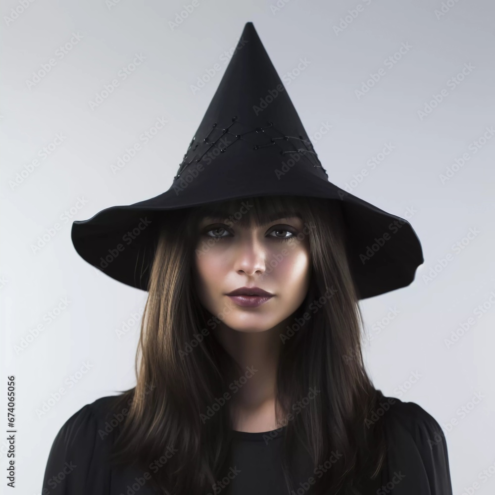 A beautiful witch wearing a conical hat on an isolated background A beautiful witch wearing a conical hat on an isolated background