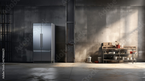 an industrial kitchen with grey walls and a polished concrete floor and a large stainless steel refrigerator photo