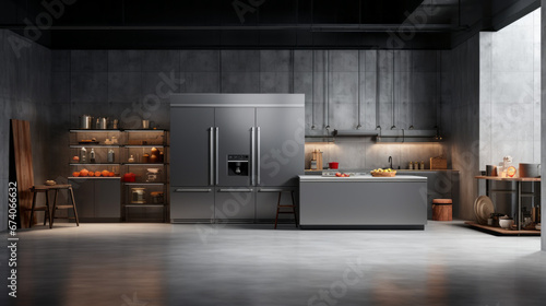 an industrial kitchen with grey walls and a polished concrete floor and a large stainless steel refrigerator