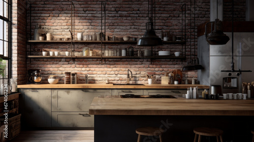 an industrial kitchen with exposed brick walls and stainless steel appliances and wooden countertops