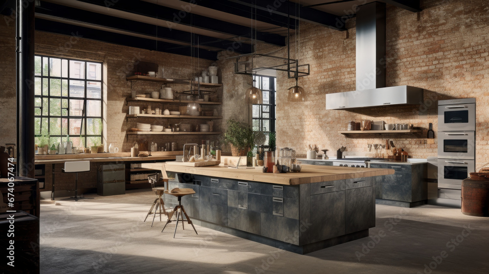 an industrial kitchen with exposed brick walls and stainless steel appliances and wooden countertops