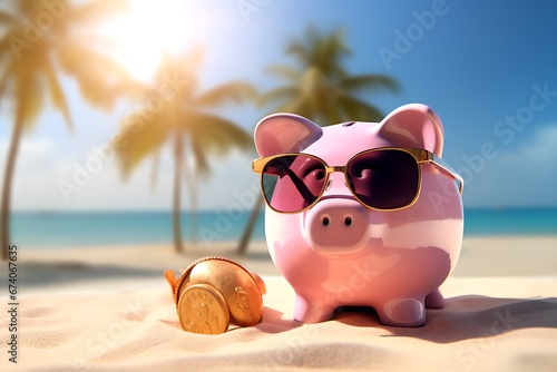Ein lustiges Sparschwein steht mit Sonnenbrille am Strand