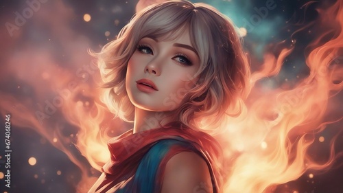inspired anime cartoon,  anime        portrait of the beautiful girl in colorful smoke