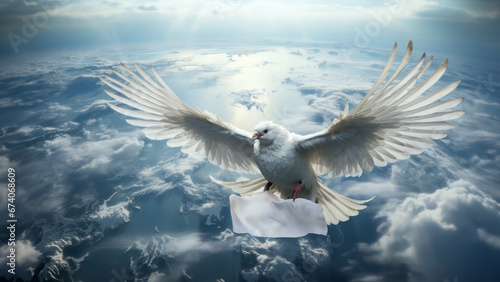 Peace dove in the air with spread wings and a white flag