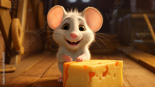 cute mouse with cheese slice photo