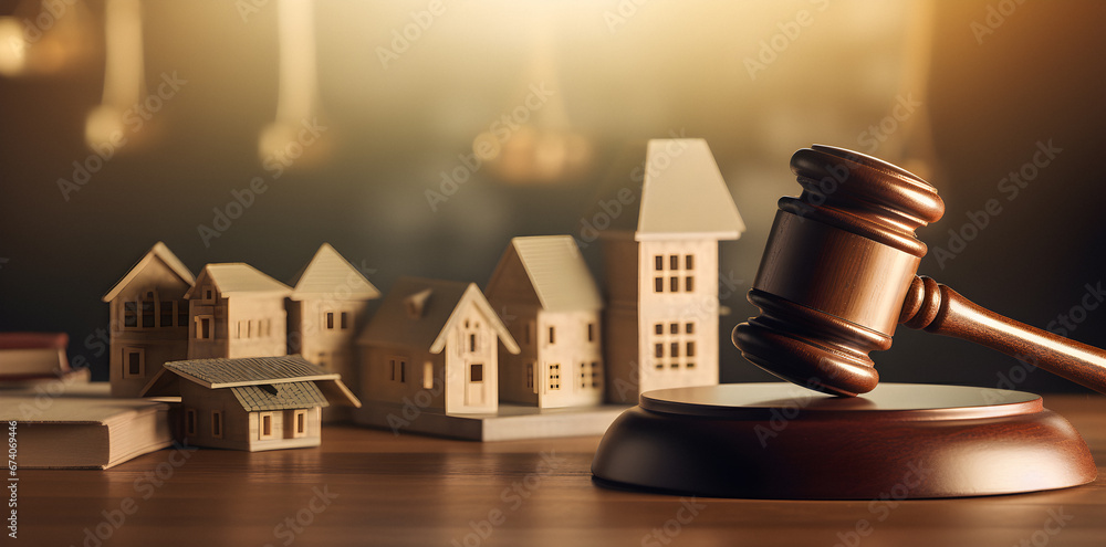 hammer house, toy house, lawyer service concept, court hammer, house model,real estate auction - obrazy, fototapety, plakaty 