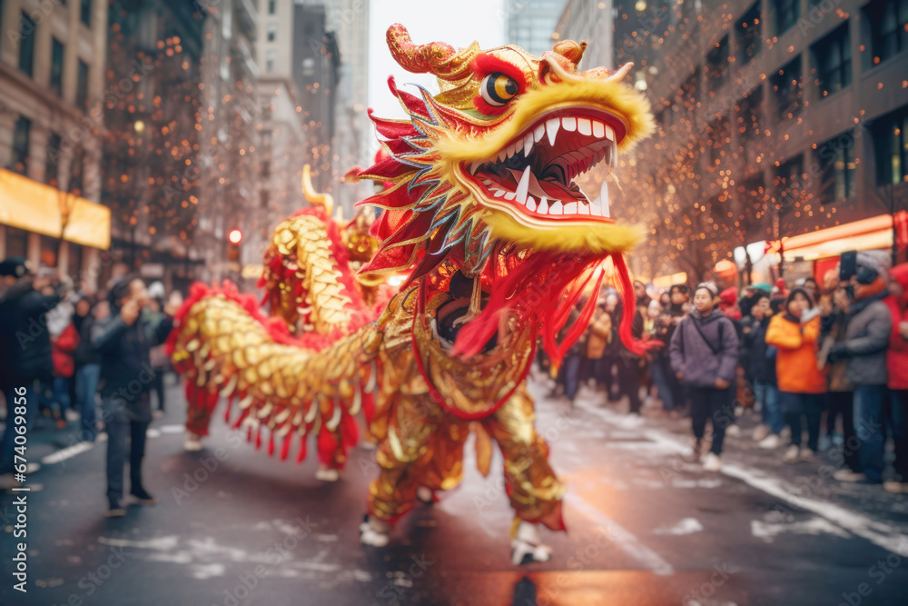 a lively Chinese New Year parade in a bustling city, featuring colorful dragon dances and traditional decorations a lively Chinese New Year parade in a bustling city, featuring colorful dragon dances and traditional decorations