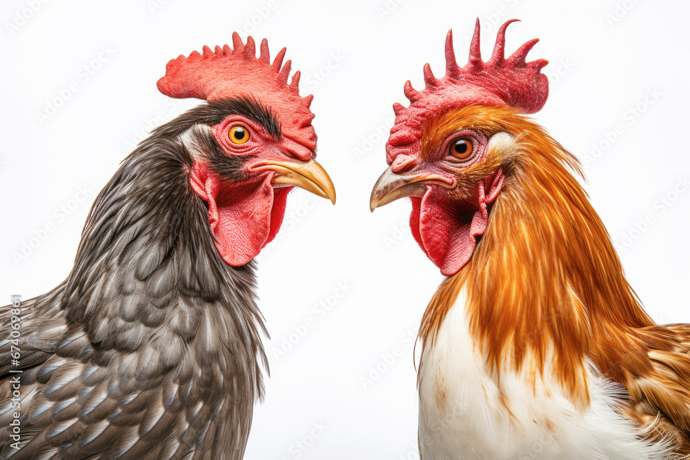 On a traditional farm, two determined roosters, or cockerels, lock eyes in anticipation of a rural cockfight, embodying the spirit of agriculture and domestic poultry.