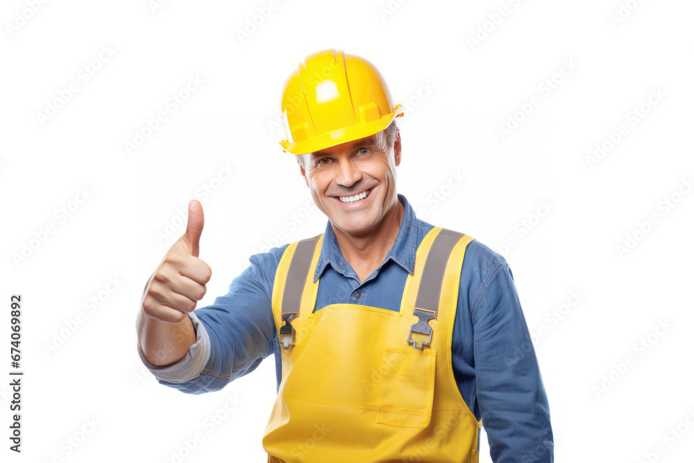 A cheerful construction worker in a hardhat, giving a thumbs-up sign, radiates happiness and success in his job.