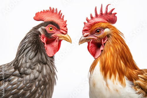 On a traditional farm, two determined roosters, or cockerels, lock eyes in anticipation of a rural cockfight, embodying the spirit of agriculture and domestic poultry.