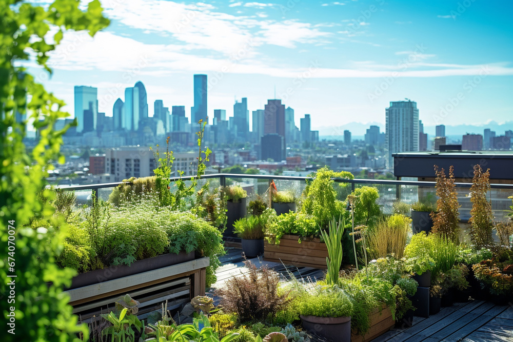Urban green roof garden overlooking the city skyline - obrazy, fototapety, plakaty 