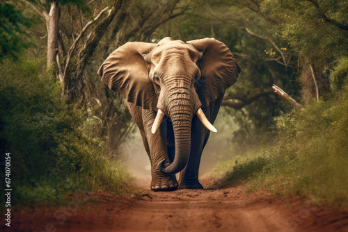 A powerful elephant walking gracefully through the African savanna in a national wildlife reserve, showcasing the majestic beauty of these gentle giants. © EdNurg