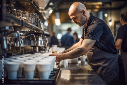 Handsome barista with apron, preparing a delicious cup of coffee at the cafe counter.