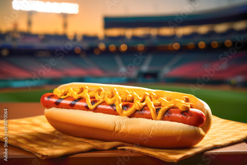 A hotdog, a fast and flavorful dinner option, is a beloved choice for sports fans at stadiums, featuring a meaty sausage, ketchup, and mustard in a soft bun. photo
