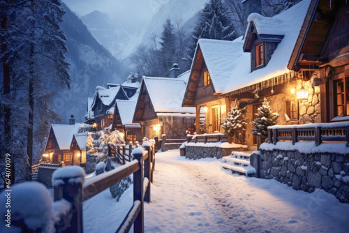 A charming chalet in the Swiss Alps, covered in a blanket of pristine snow, providing a cozy and inviting escape for winter vacationers. photo