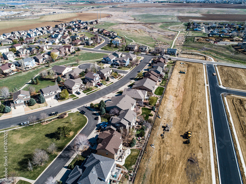 New residential construction in Colorado 2023.  Aerial photo of mones and new zoned construction. 