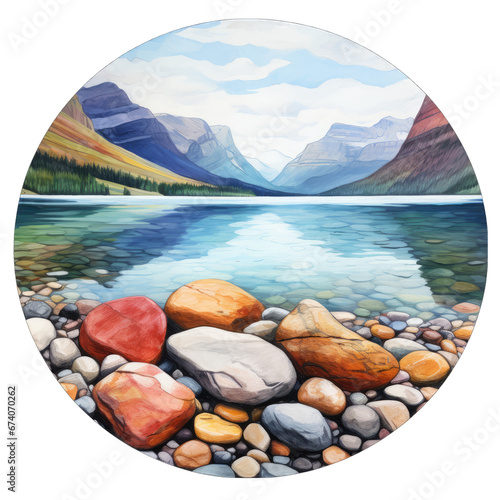 Watercolor illustration of Lake McDonald in Glacier National Park Montana, with famous colored pebbles and rocks photo