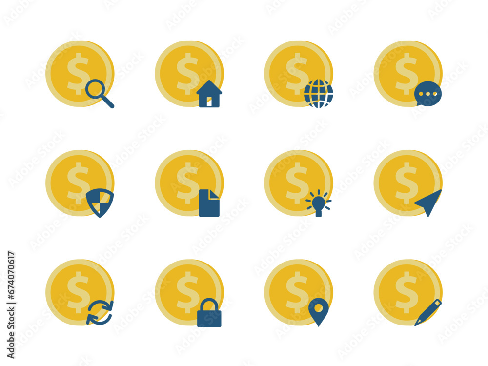 collection of flat icons.  a gold coin for finance, business and investment