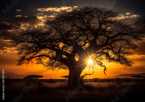 The Majestic Sunset Behind a Towering Oak Tree