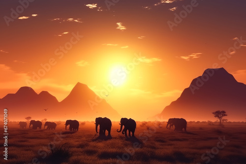 A Majestic Herd of Elephants Gracefully Crossing a Verdant Grassland