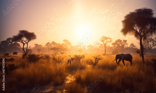 A Majestic Herd of Elephants Gracefully Crossing a Verdant Grassland