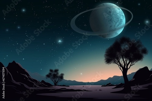 Illustration of barren planet with alien objects  shooting stars  and meteorites in a starry sky. Astronomy  andromeda galaxy  parallel worlds  science. Generative AI