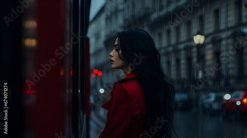 A woman with waist-length black hair, wearing a vibrant red jacket, stands in the pouring rain beside a London telephone booth