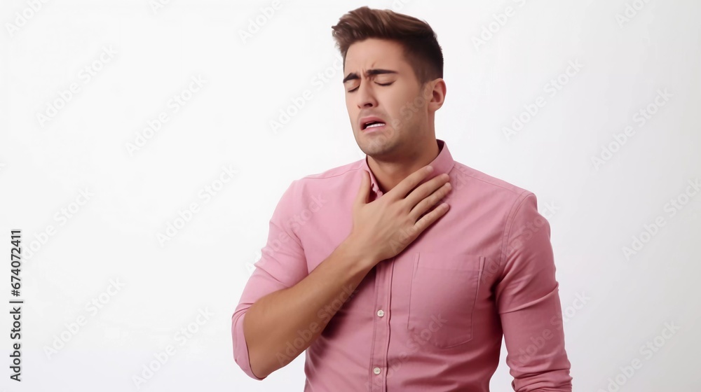 A young man suffering from an asthma attack, He holds his chest, on an isolated white background A young man suffering from an asthma attack, He holds his chest, on an isolated white background