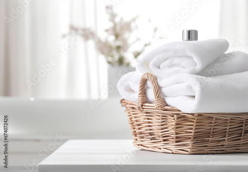 Wicker basket with white towels on table in bathroom photo
