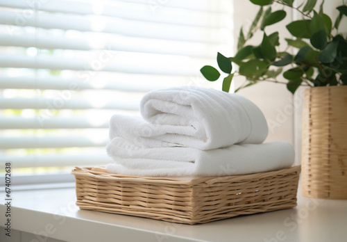 Wicker basket with white towels on table in bathroom