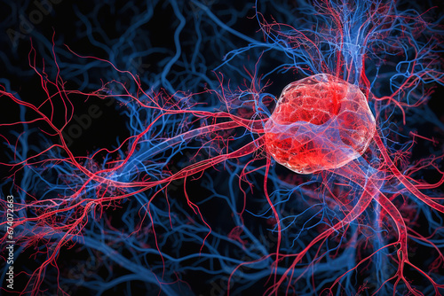 Illustration of neurons, blood vessels, tumor in red and blue colors.