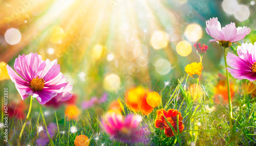 Colorful flower meadow with sun rays and bokeh lights in summer - natural background. AI Generated © Gabriel