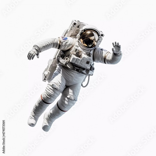 Fully clothed astronaut flying in zero gravity, on an isolated white background