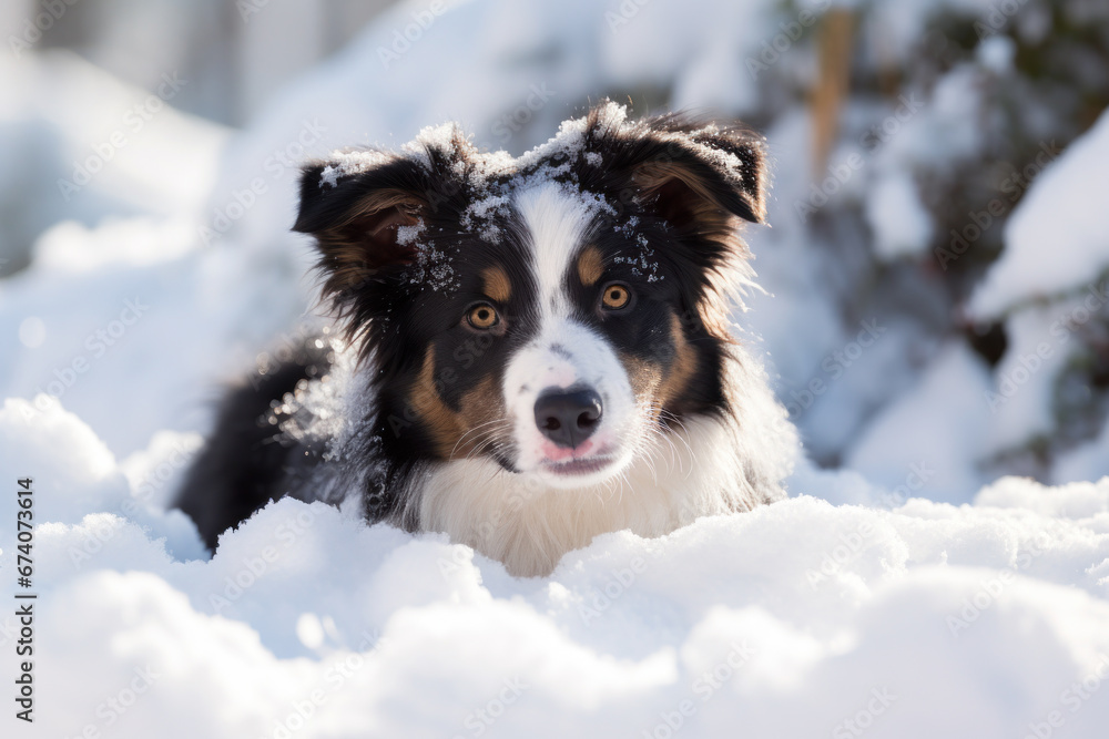 Cute Border collie puppy playing in snow. Blurry background.