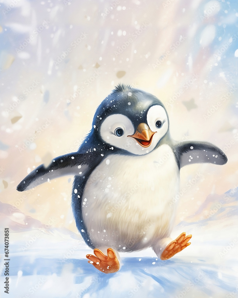 Obraz premium pingüino alegre bailando, anime infantil, ilustración creado por IA